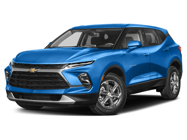 An all-new Riptide Blue Metallic 2024 Chevy Blazer over a white backdrop. - Boyd GM Dealership Oxford, NC