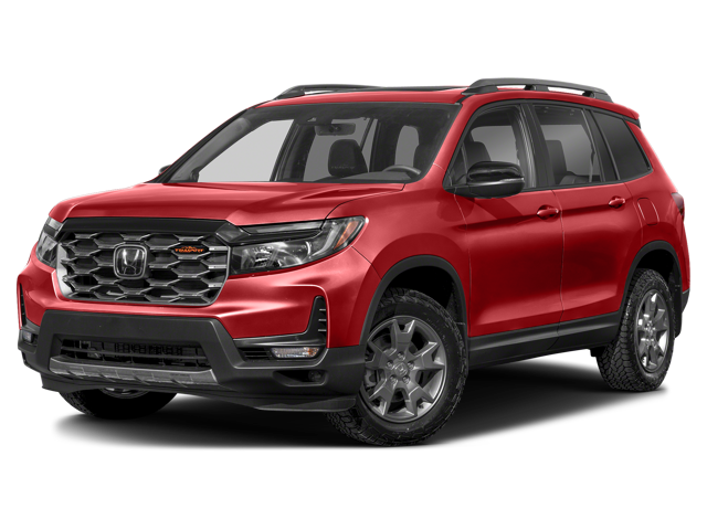 An all-new Radiant Red Metallic 2024 Honda Passport in front of a white back drop. - Boyd Honda Oxfrod, NC